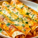 Close-up of High Protein Creamy Chilli Chicken Enchiladas topped with melted cheese and garnished with fresh cilantro.