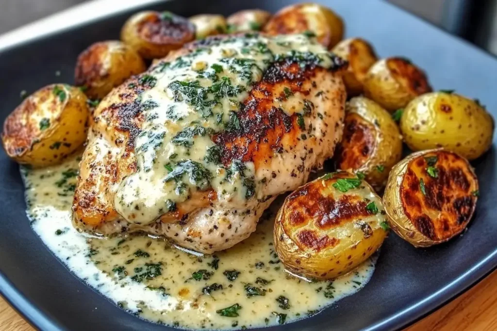 Creamy Garlic Chicken with Roasted Baby Potatoes served on a black plate with rich garlic cream sauce and golden, crispy potatoes.