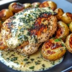 Creamy Garlic Chicken with Roasted Baby Potatoes served on a black plate with rich garlic cream sauce and golden, crispy potatoes.