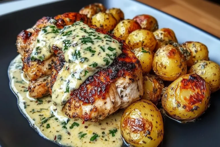 Creamy Garlic Chicken with Roasted Baby Potatoes featuring juicy seared chicken and crispy herb-roasted potatoes in a rich garlic cream sauce.