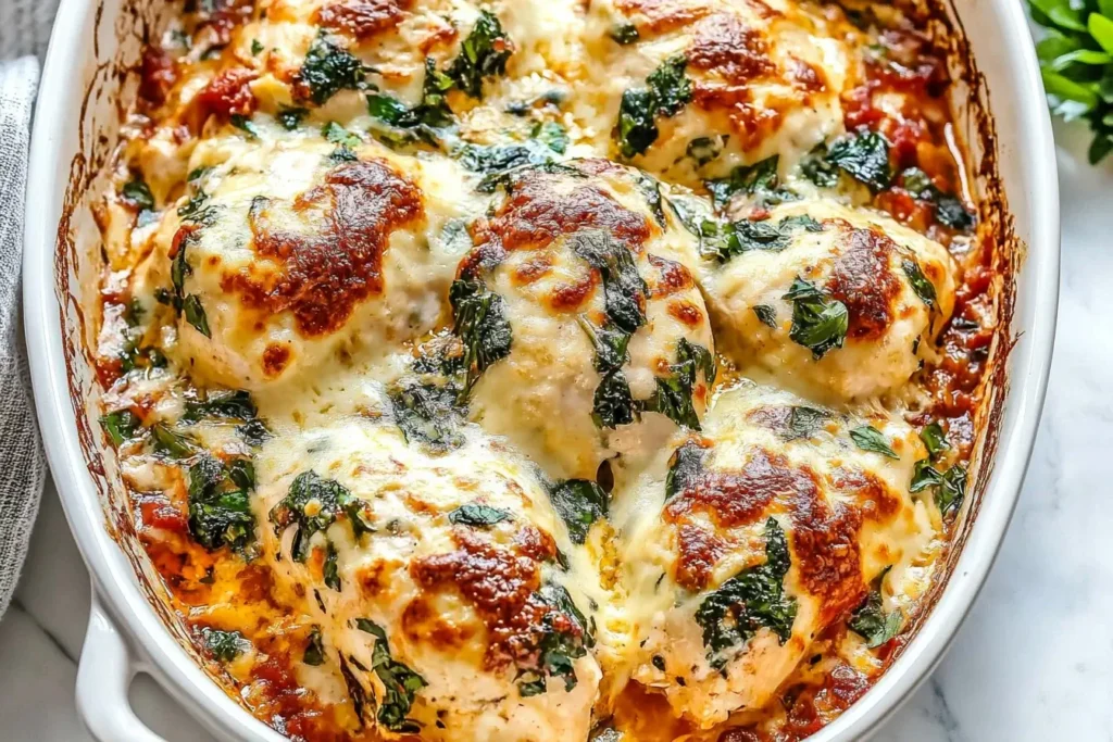 Golden, cheesy Baked Tuscan Chicken Casserole topped with spinach and sun-dried tomatoes in a white baking dish.