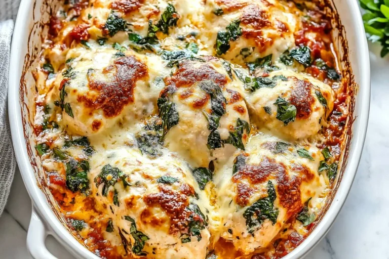 Golden, cheesy Baked Tuscan Chicken Casserole topped with spinach and sun-dried tomatoes in a white baking dish.
