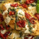 Chicken Bryan topped with goat cheese, sun-dried tomatoes, and fresh basil in a lemon-butter sauce.