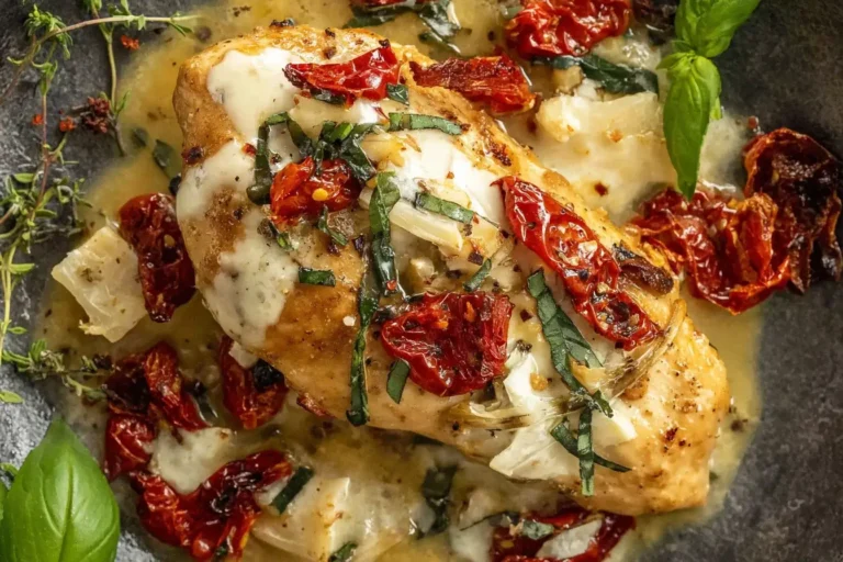 Chicken Bryan topped with goat cheese, sun-dried tomatoes, and fresh basil in a lemon-butter sauce.