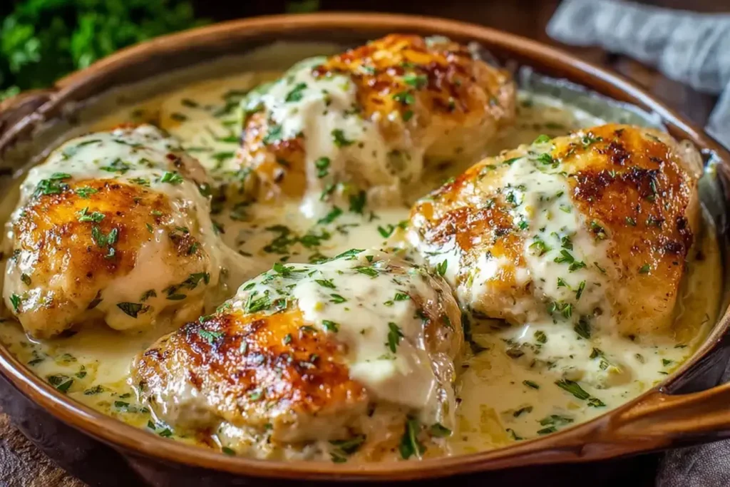 Creamy baked sour cream chicken with golden brown tops and parsley garnish in a rustic casserole dish.