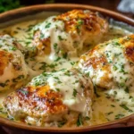 Creamy baked sour cream chicken with golden brown tops and parsley garnish in a rustic casserole dish.
