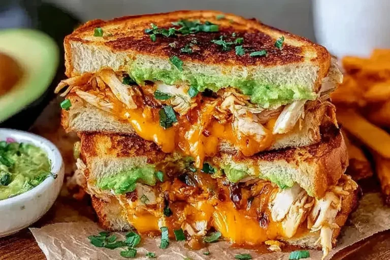 Chicken Avocado Melt Sandwich with melted cheddar, shredded chicken, and creamy avocado on toasted bread.