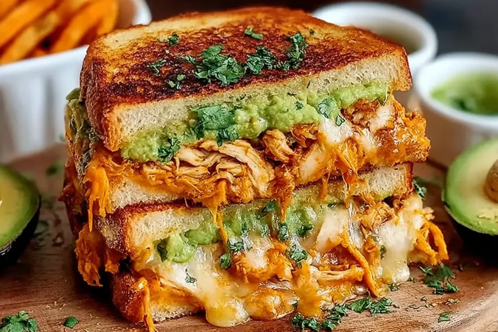 Chicken Avocado Melt Sandwich stacked with shredded chicken, melted cheese, and creamy avocado on toasted bread