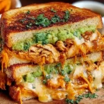 Chicken Avocado Melt Sandwich stacked with shredded chicken, melted cheese, and creamy avocado on toasted bread