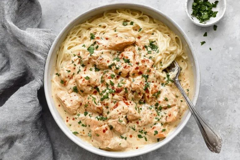 Creamy Crockpot Angel Chicken served over angel hair pasta in a white bowl with parsley garnish.