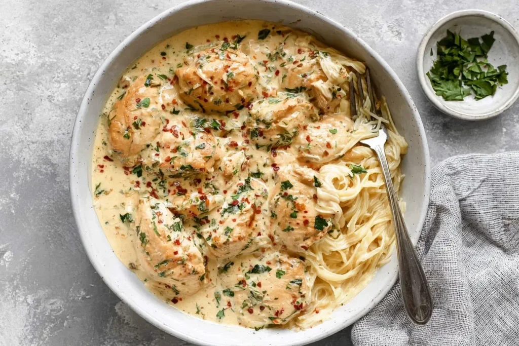 Tender Crockpot Angel Chicken with creamy sauce and angel hair pasta in a white bowl, garnished with parsley and red pepper flakes.