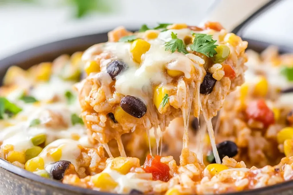 Cheesy Tex Mex Chicken and Rice with black beans, corn, and melty Monterey Jack cheese scooped from a skillet
