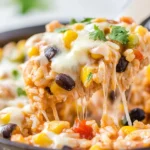 Cheesy Tex Mex Chicken and Rice with black beans, corn, and melty Monterey Jack cheese scooped from a skillet