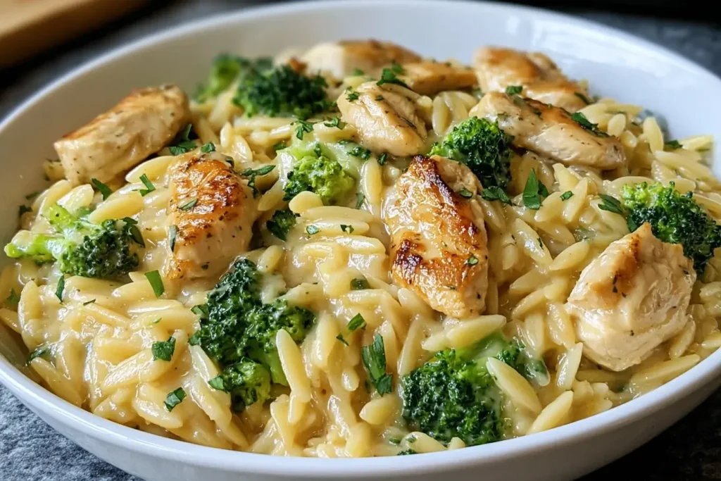 Creamy Cheesy Chicken Broccoli Orzo with golden seared chicken and tender broccoli in a white bowl.