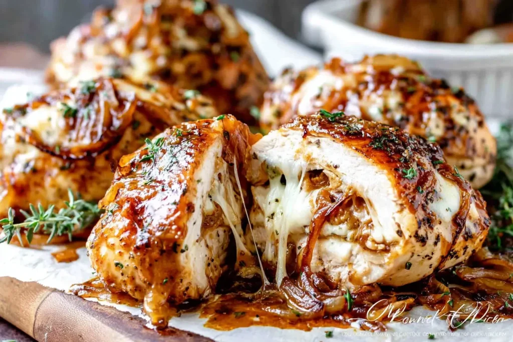 Close-up of juicy French Onion Stuffed Chicken sliced open to reveal melted cheese and caramelized onions
