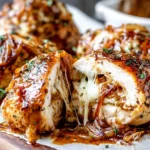 Close-up of juicy French Onion Stuffed Chicken sliced open to reveal melted cheese and caramelized onions