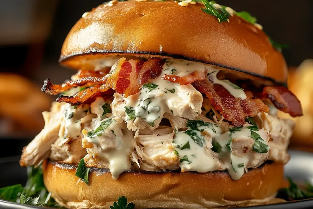 Slow Cooker Chicken Bacon Ranch Sandwiches loaded with creamy ranch chicken, crispy bacon, and fresh herbs on a toasted bun.