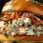 Slow Cooker Chicken Bacon Ranch Sandwiches loaded with creamy ranch chicken, crispy bacon, and fresh herbs on a toasted bun.