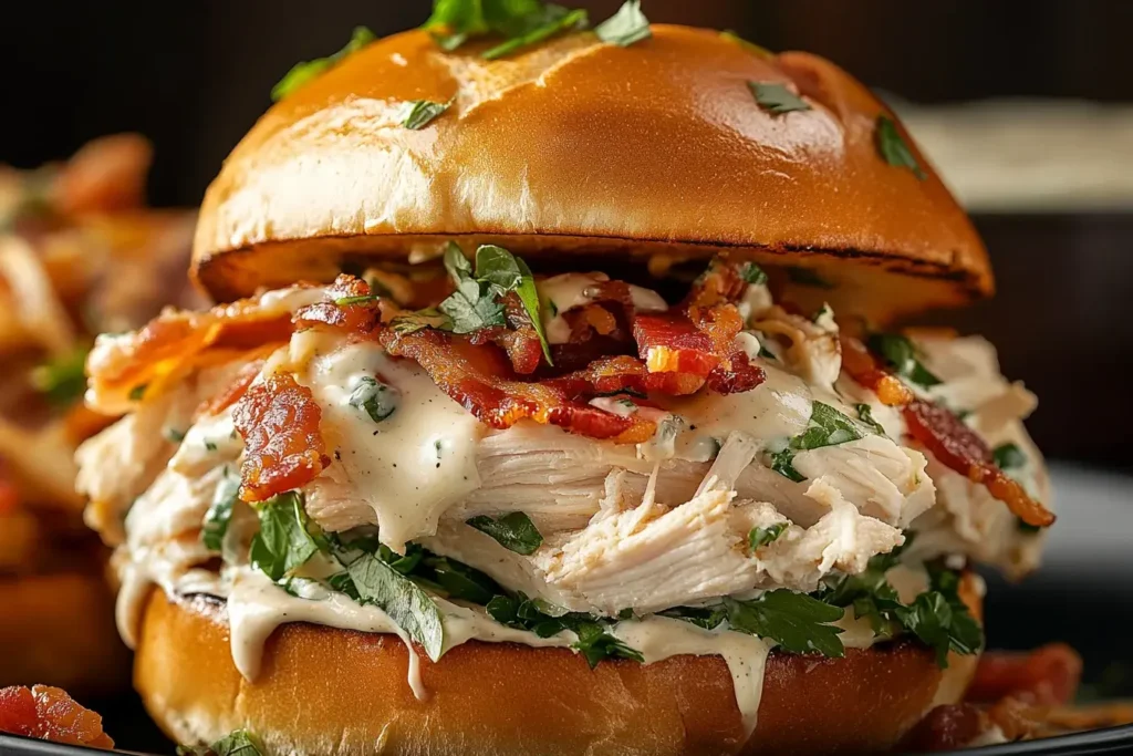 Slow Cooker Chicken Bacon Ranch Sandwiches with shredded chicken, crispy bacon, and creamy ranch sauce on a toasted bun.