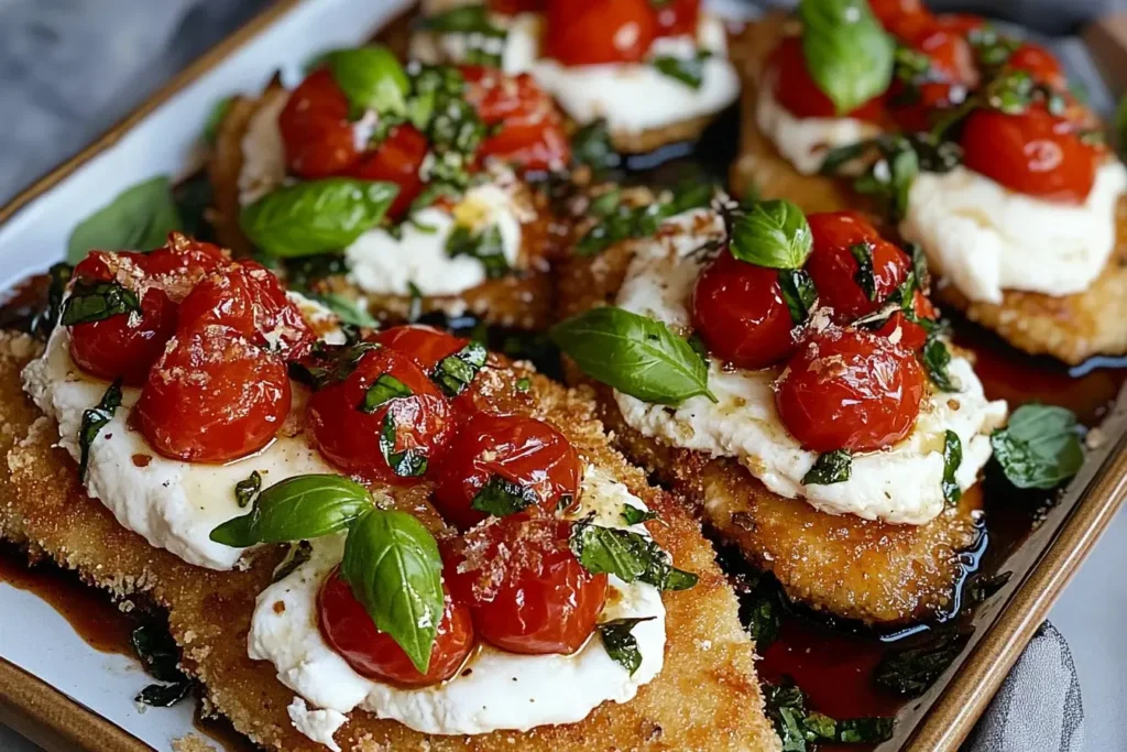 Italian basil chicken cutlets topped with burrata, cherry tomatoes, and fresh basil on a baking sheet, drizzled with balsamic glaze.