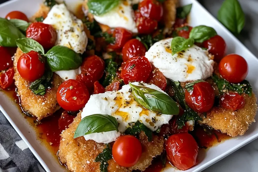 Close-up of crispy Italian basil chicken cutlets topped with cherry tomatoes, fresh basil, burrata, and balsamic glaze on a white plate.