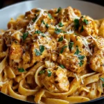 Close-up of Cowboy Butter Chicken Pasta topped with fresh parsley and grated Parmesan cheese in a bowl.