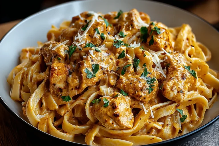 Close-up of Cowboy Butter Chicken Pasta topped with fresh parsley and grated Parmesan cheese in a bowl.
