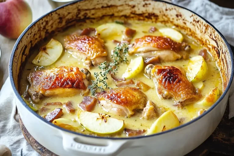 French Chicken Casserole simmered with apples, bacon, and thyme in a creamy cider sauce in a white Dutch oven.