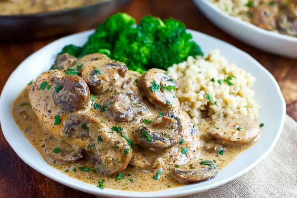 Mushroom Asiago Chicken served with broccoli and couscous on a white plate