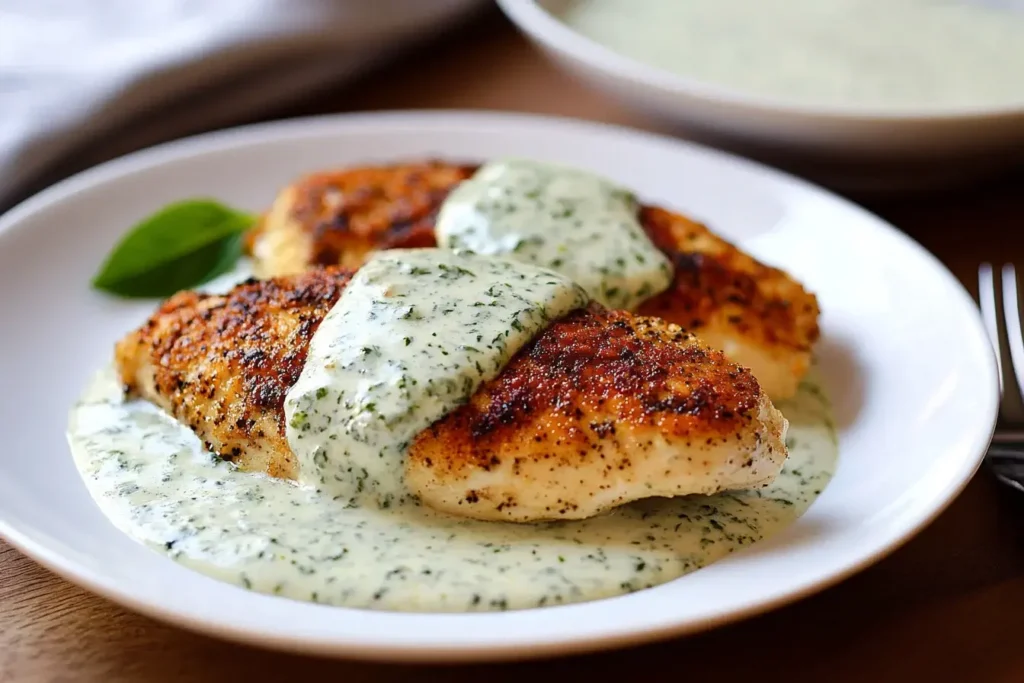 Golden crispy chicken breasts topped with creamy basil sauce – a delicious serving of Chicken in Basil Cream Sauce.