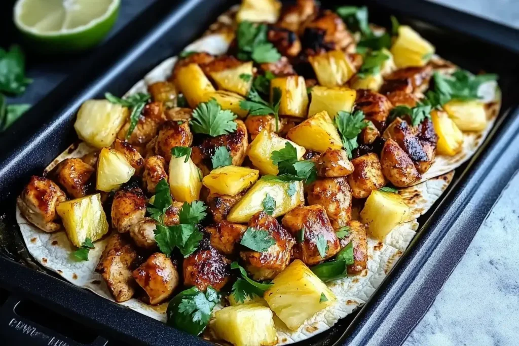 One-Pan Chicken and Pineapple Tacos with caramelized pineapple chunks, juicy chicken, and fresh cilantro on toasted tortillas.