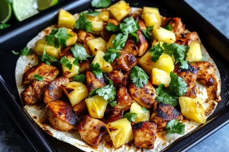 One-Pan Chicken and Pineapple Tacos with grilled chicken, caramelized pineapple, and fresh cilantro on a warm tortilla.