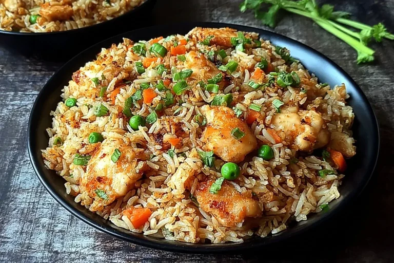 Close-up of Crispy Garlic Chicken Fried Rice in a black bowl, featuring golden chicken pieces, peas, and carrots on a rustic wooden table.