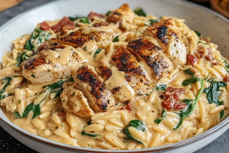 Creamy Tuscan Chicken Orzo with spinach, sun-dried tomatoes, and golden seared chicken in a rich Parmesan sauce