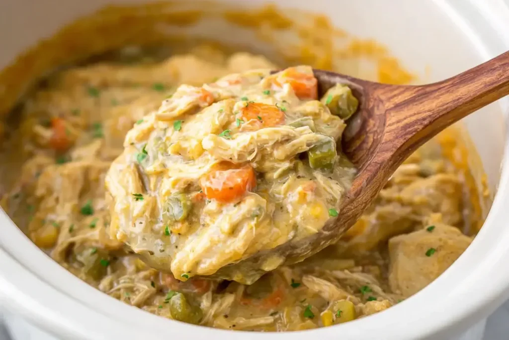 Creamy Crock Pot Chicken Pot Pie with tender chicken and vegetables served from a slow cooker