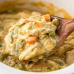 Creamy Crock Pot Chicken Pot Pie with tender chicken and vegetables served from a slow cooker