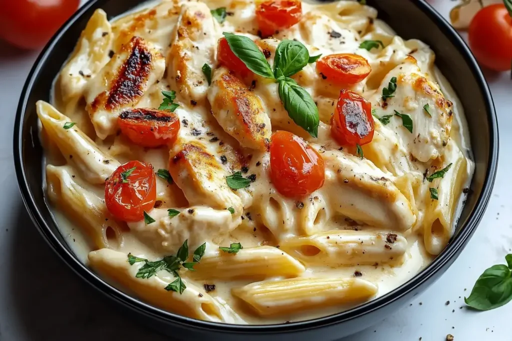Creamy cheesy chicken pasta with grilled chicken, cherry tomatoes, and basil in a black bowl