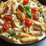 Creamy cheesy chicken pasta with grilled chicken, cherry tomatoes, and basil in a black bowl