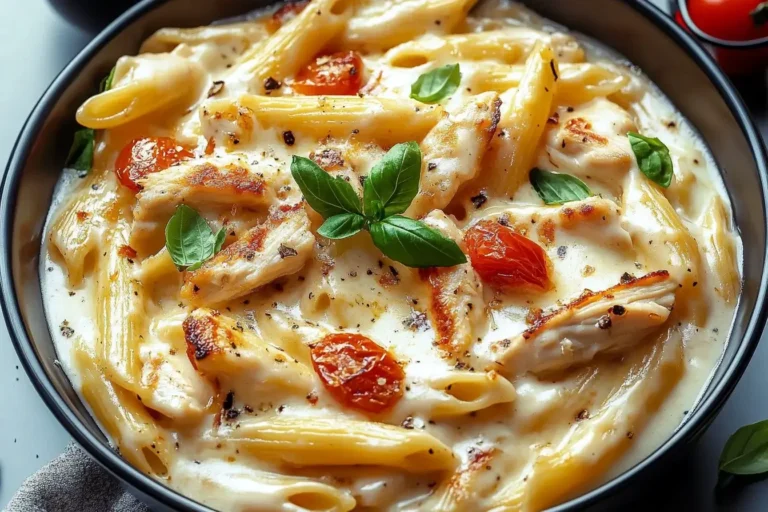 Close-up of cheesy chicken pasta with creamy sauce, grilled chicken, cherry tomatoes, and fresh basil