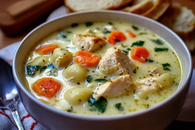 Bowl of Olive Garden Chicken Gnocchi Soup with chunks of chicken, gnocchi, carrots, and spinach in a creamy broth.