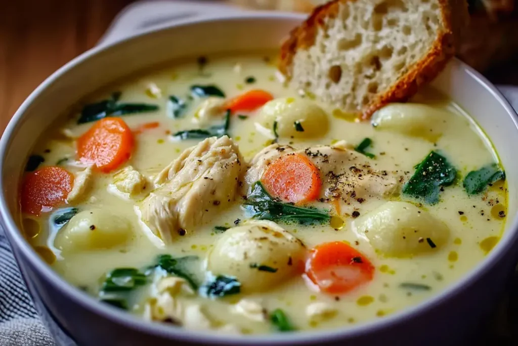 Creamy Olive Garden Chicken Gnocchi Soup with carrots, spinach, and shredded chicken in a white bowl, served with crusty bread.