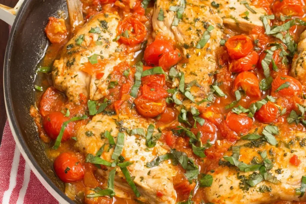 Healthy Chicken Pomodoro Skillet with fresh basil and grape tomatoes in a rich tomato sauce.