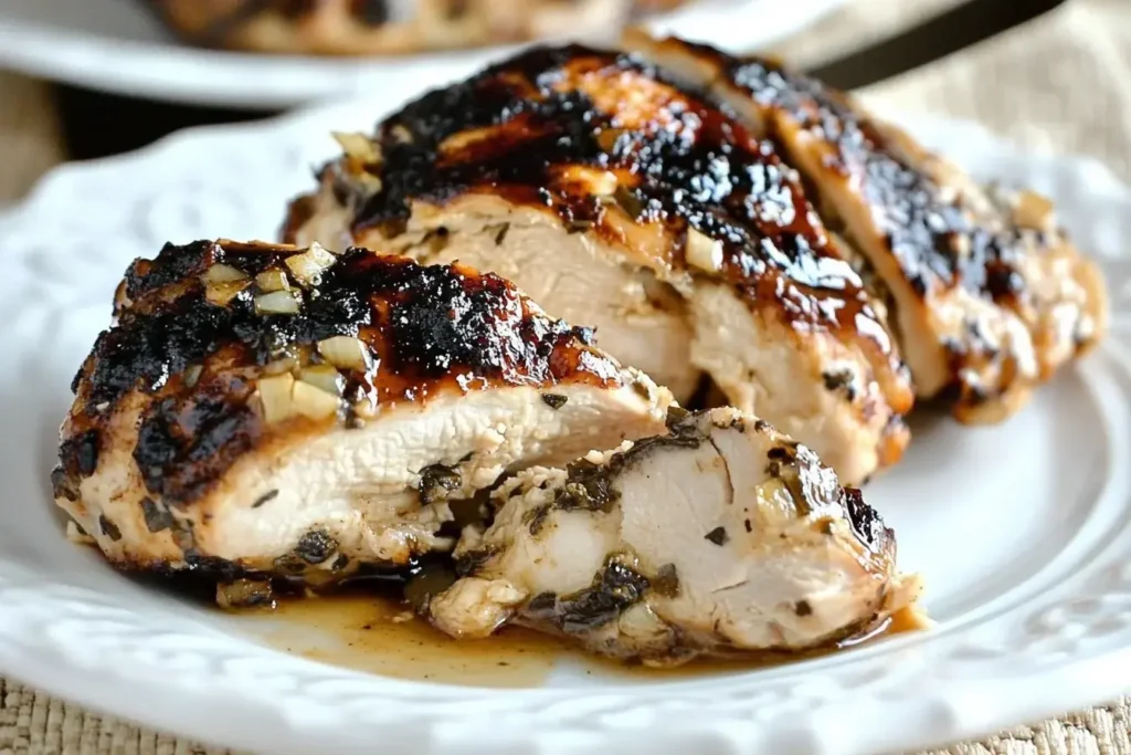 Grilled White Barbecue Chicken breast sliced and served on a white plate