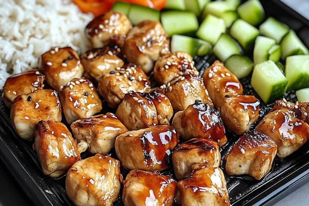 Glazed chicken bites on a Blackstone griddle with rice and cucumbers from a Blackstone Griddle Hibachi Chicken Feast.