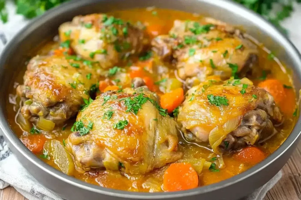 Chicken Thigh Osso Bucco simmered in a golden broth with carrots, onions, and herbs.