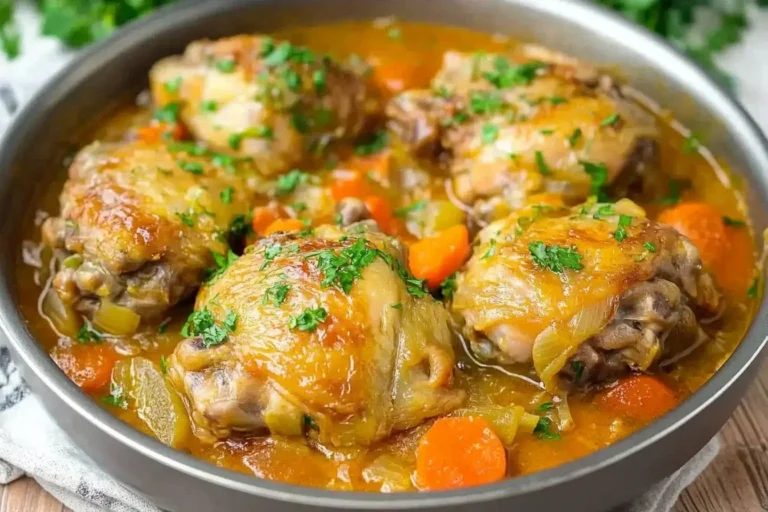 Chicken Thigh Osso Bucco simmered in a golden broth with carrots, onions, and herbs.