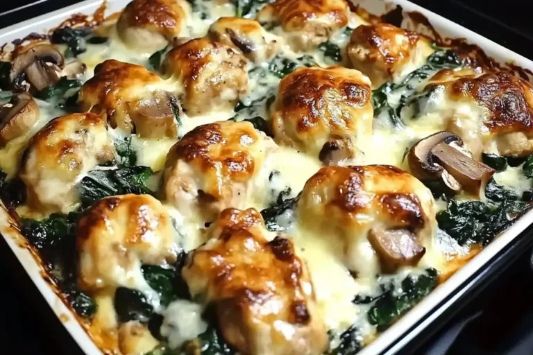 Baked Chicken Spinach and Mushroom Low-Carb Casserole topped with golden melted cheese and whole mushroom slices