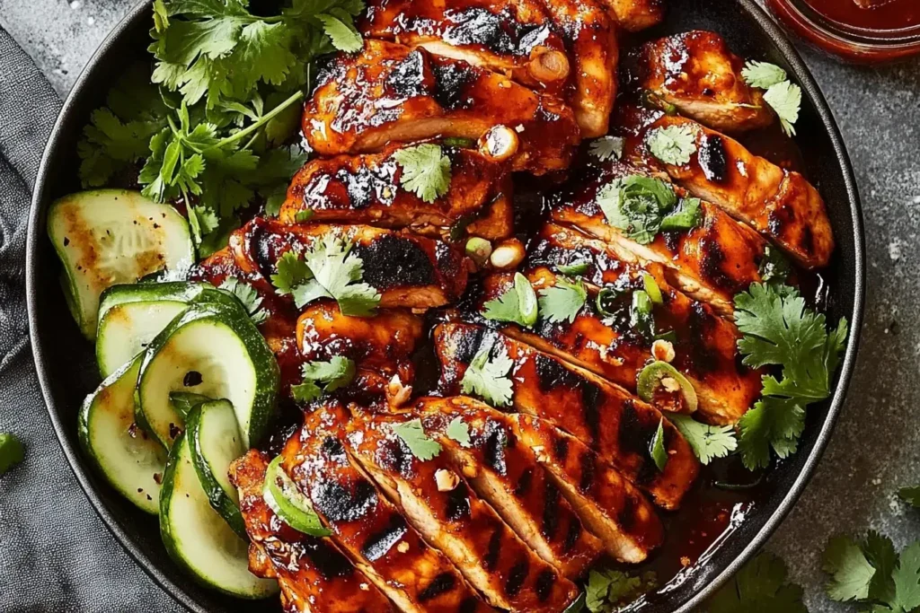Grilled chicken glazed in sweet and spicy sauce for a Honey Sriracha Chicken Recipe served with fresh cucumbers and cilantro.
