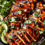 Grilled chicken glazed in sweet and spicy sauce for a Honey Sriracha Chicken Recipe served with fresh cucumbers and cilantro.
