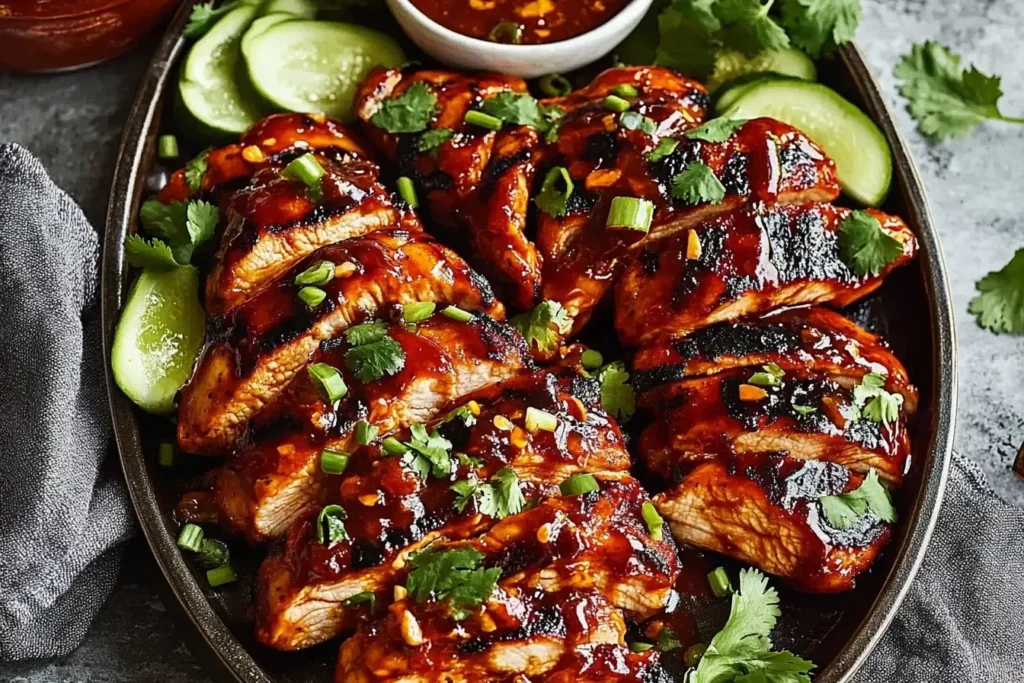 Sliced grilled chicken breast glazed with sauce and herbs for a Honey Sriracha Chicken Recipe, served with cucumbers and green onions.